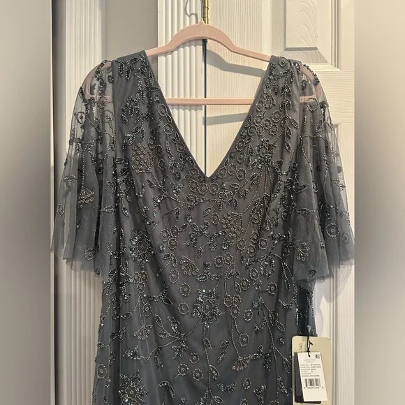 NEW Adrianna Papell Gray Scoop Back Beaded Gown - Picture 3 of 7